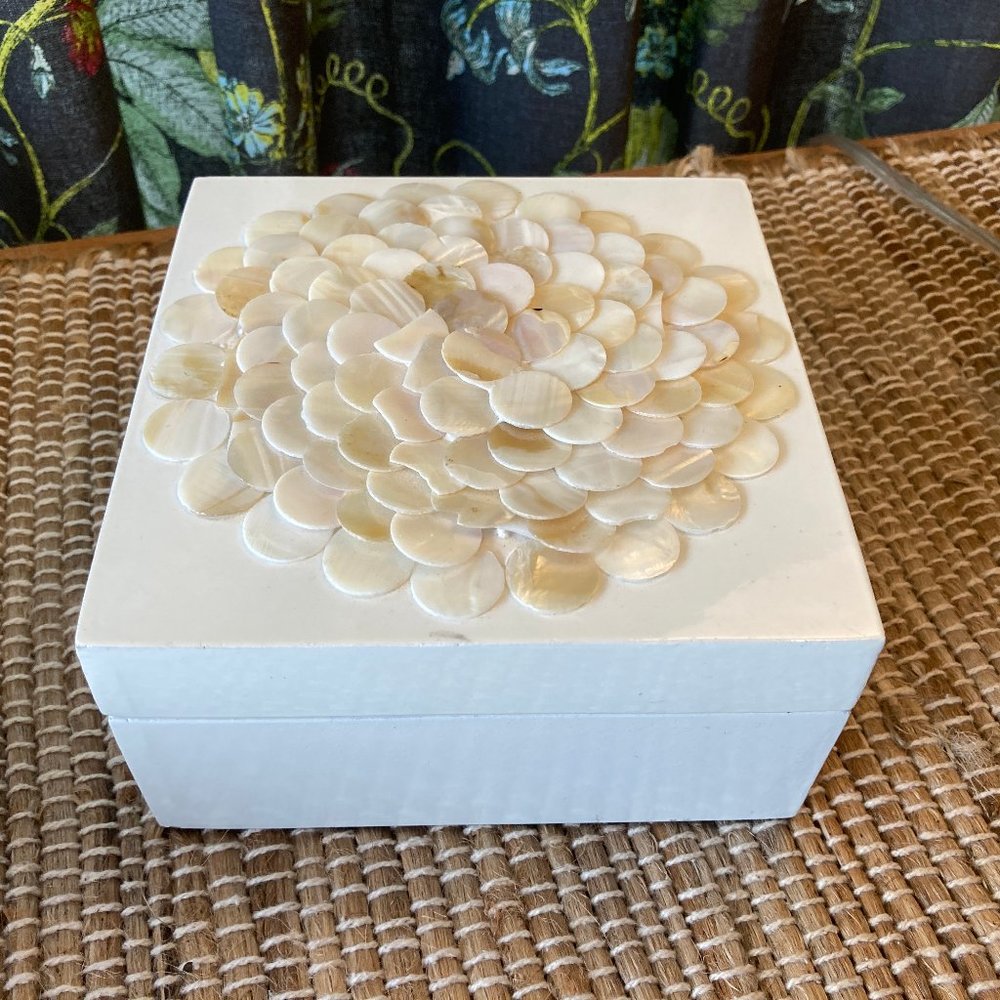 White Wooden Laquered  Hinged Box with Sea Shell Design